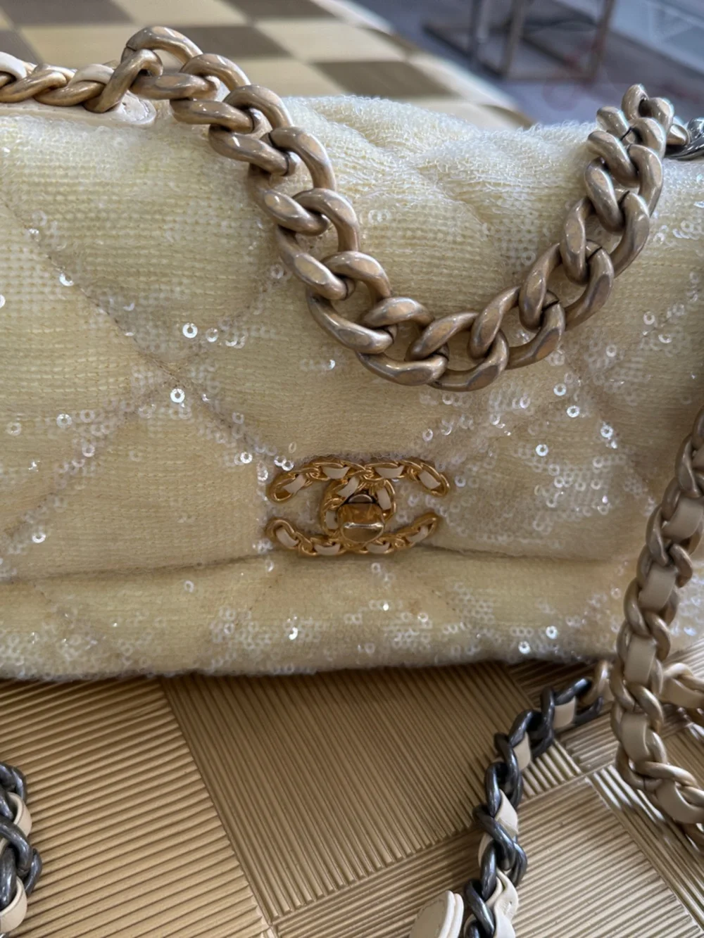 Chanel 19 Yellow Sequin flap Bag 21C